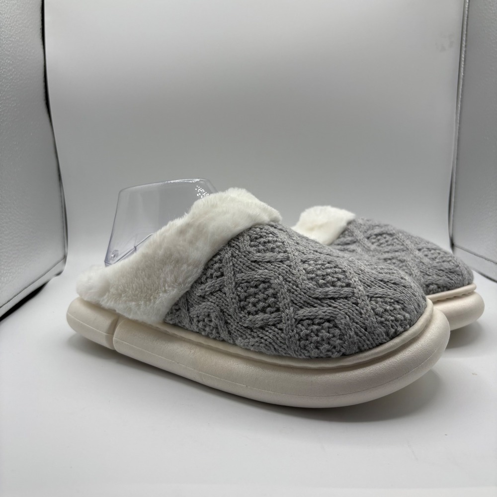 Women Winter Fuzzy Slippers Memory Foam Cable Knit Indoor House Shoes Gray 40-41